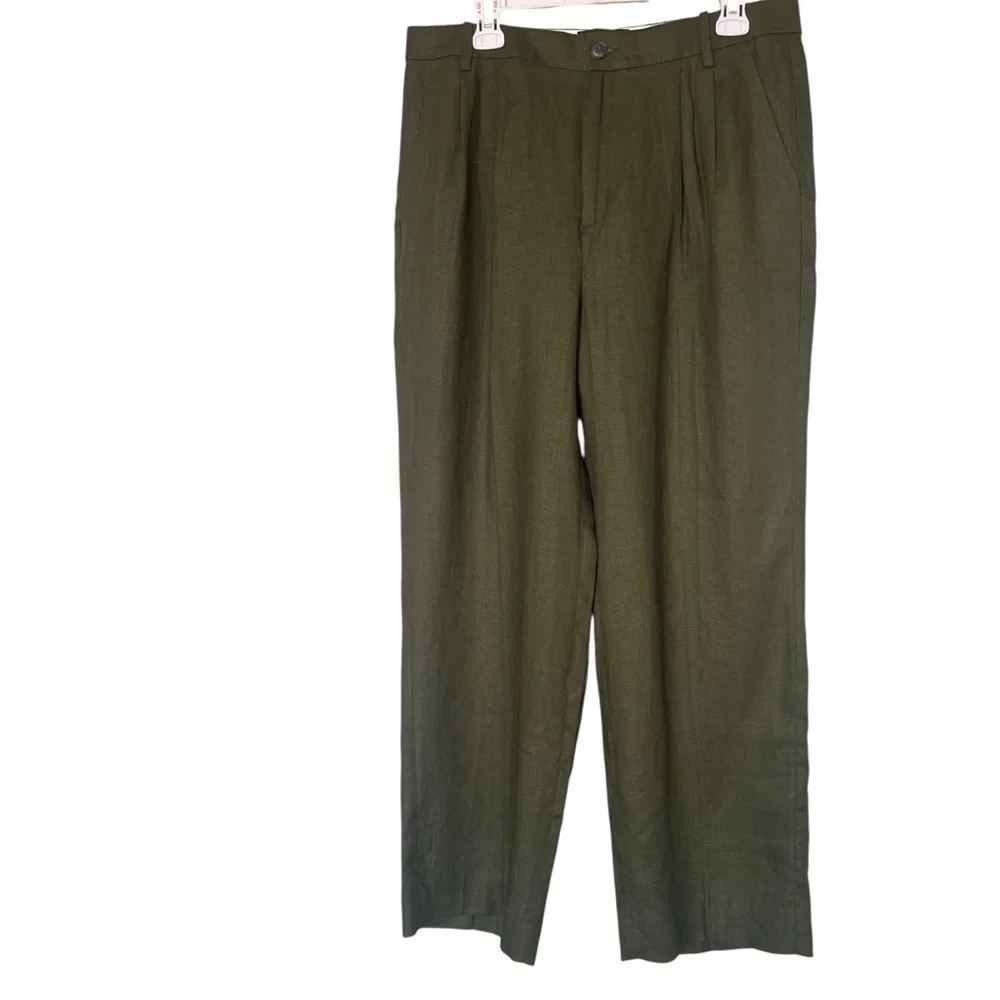 Banana Republic High Rise Palma Straight Leg Linen Pant Size 12 in Olive Green